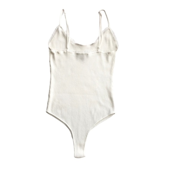 Lulus ribbed ruffle bodysuit spaghetti strap cream medium More Than Happy Lulu’s - Picture 9 of 15